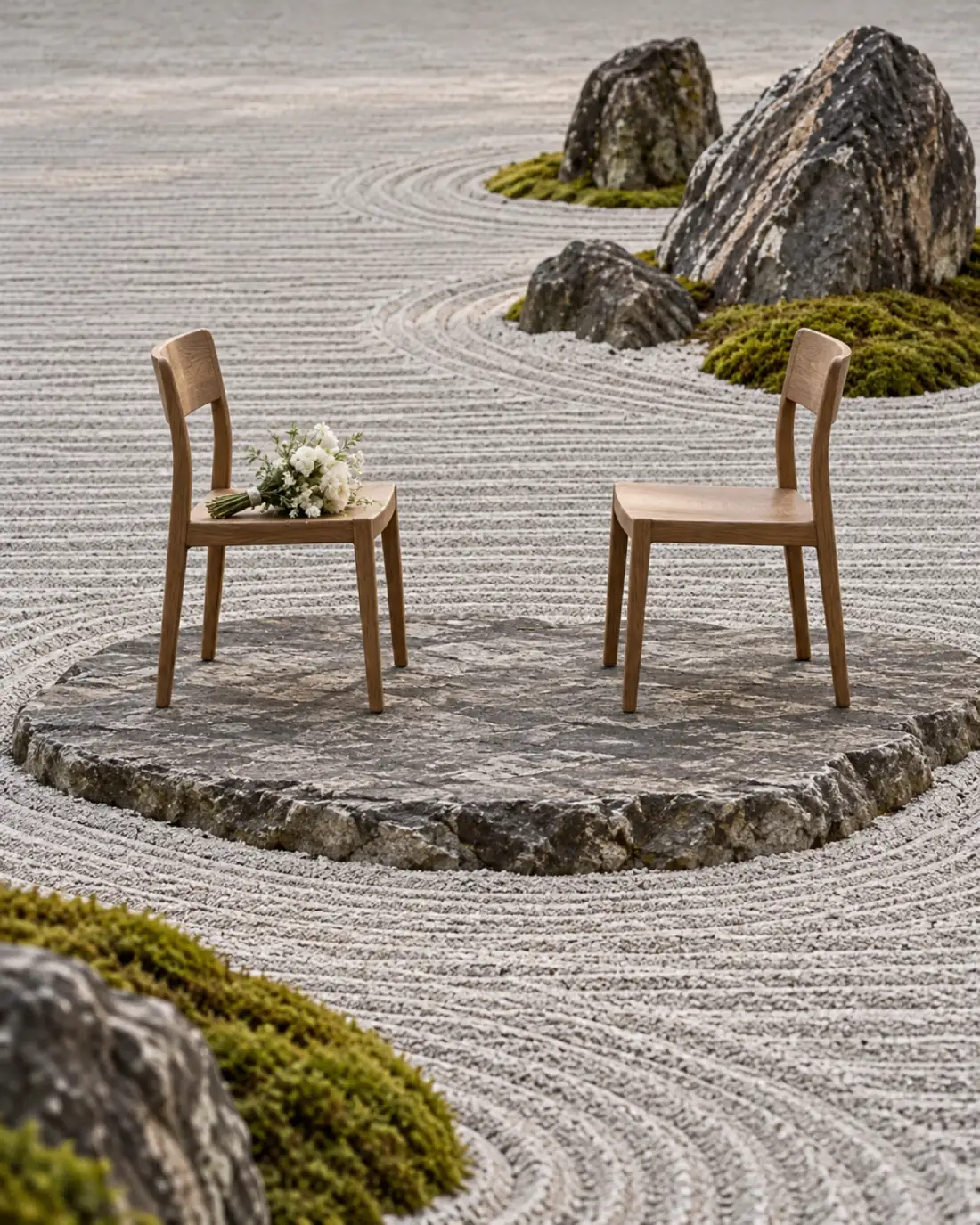 Two wooden chairs facing each other on a flat stone in a raked gravel garden, a small bouquet of white flowers on one seat