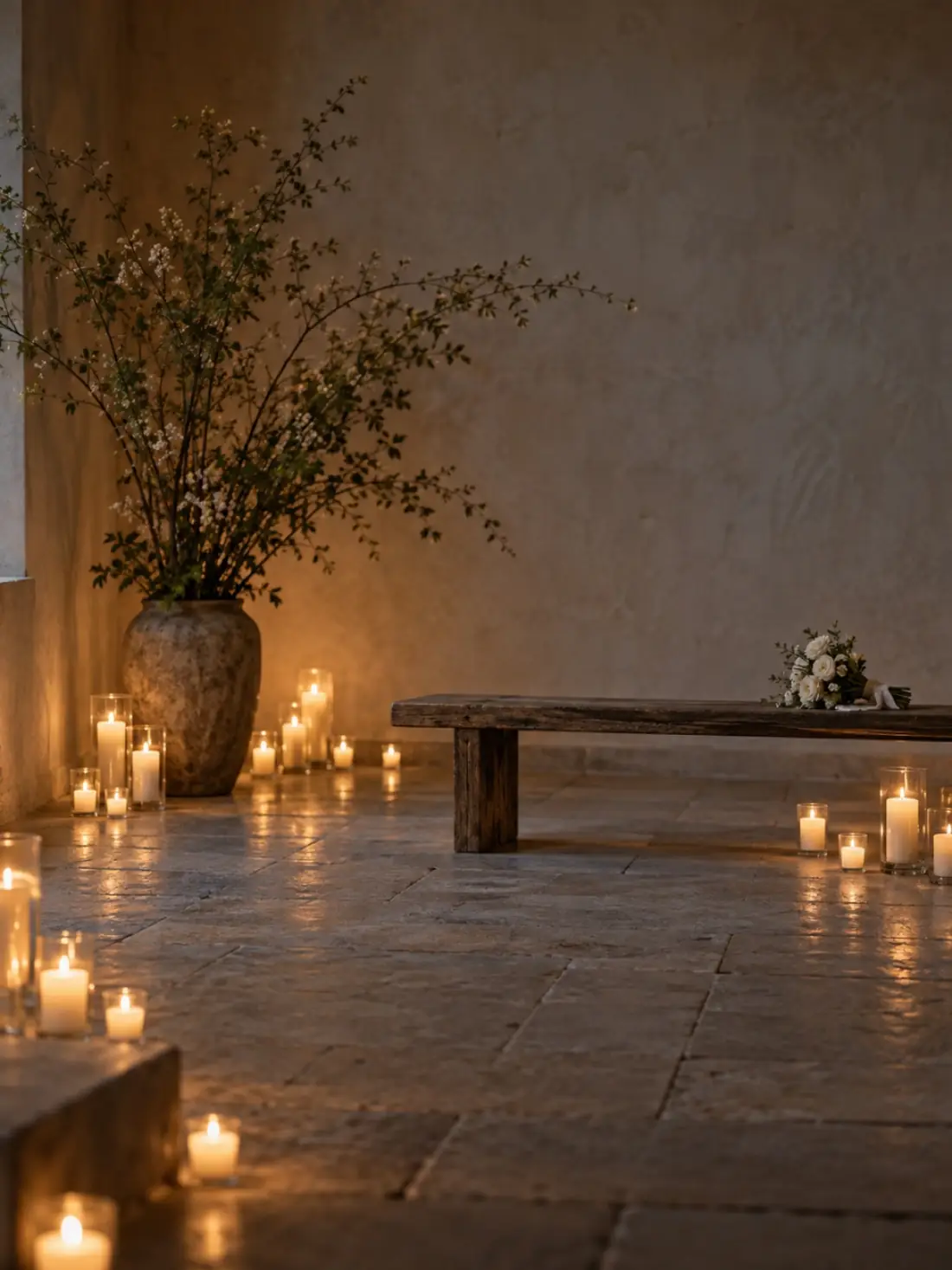 An intimate indoor ceremony space lit by soft candlelight
