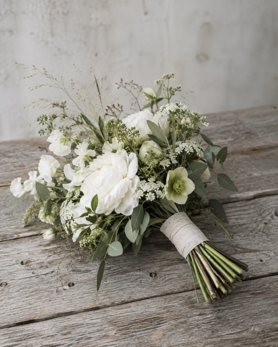 A loose bouquet of white and pale green flowers wrapped in plain linen on weathered wood
