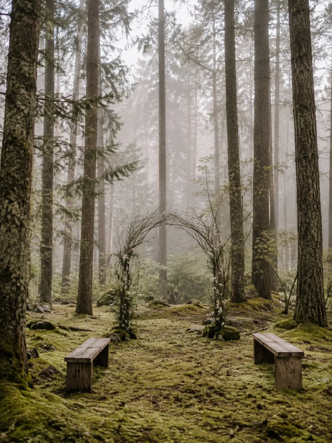 A forest clearing with sunlight filtering through tall trees, set for an intimate wedding ceremony