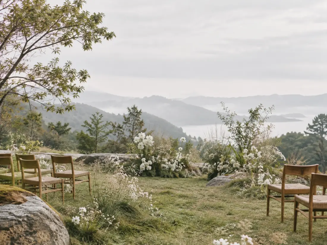 Simple wooden chairs among wildflowers in long grass