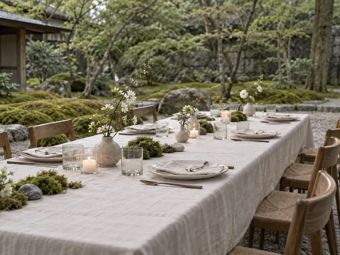 A beautifully set reception table with minimal decor, candles, and natural elements