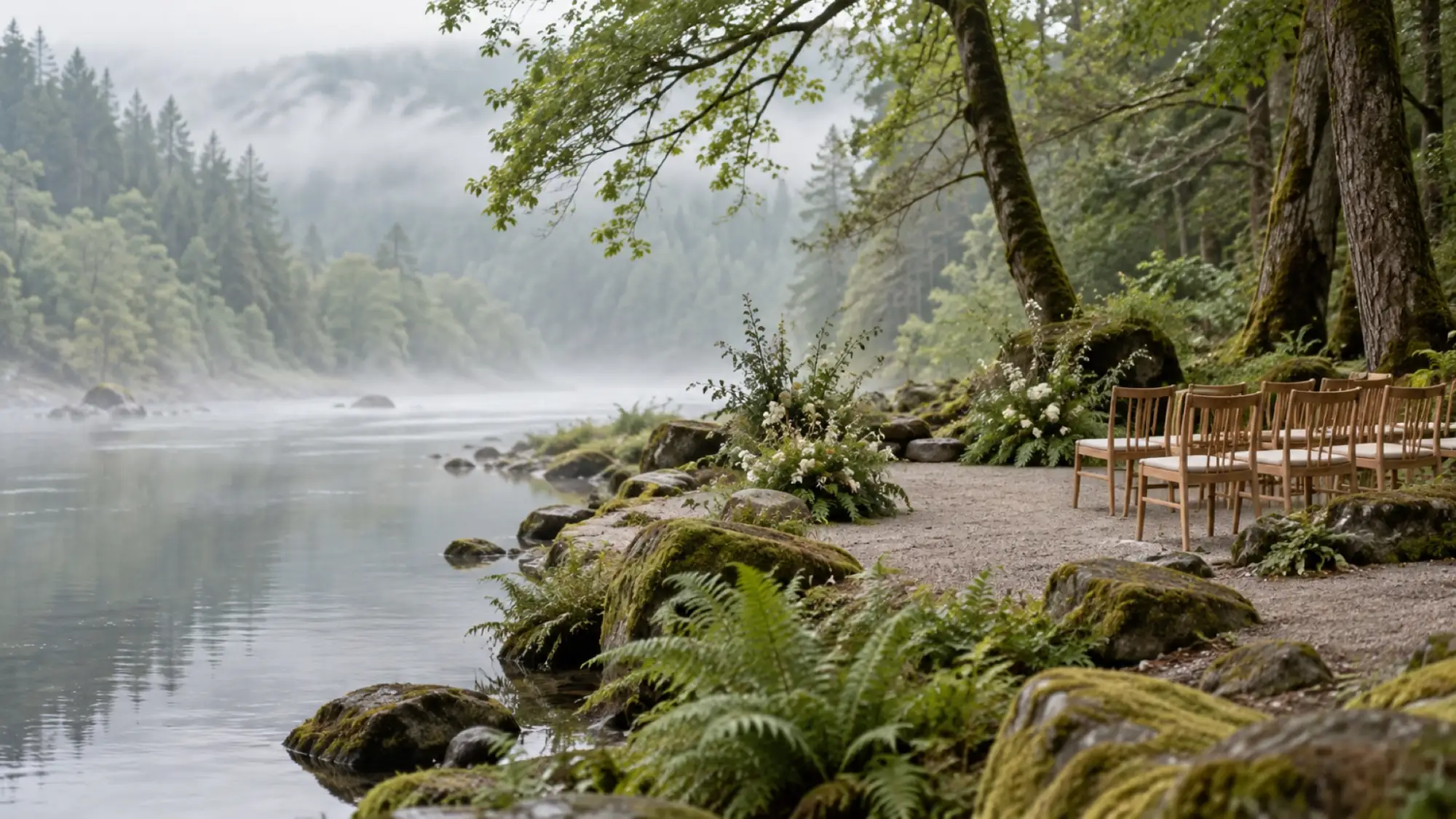 A small curve of wooden chairs in a mossy clearing beside a misty river