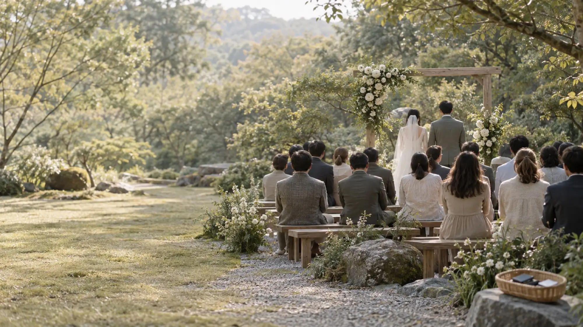 Guests on wooden benches watching a couple under a plain arbor, phones left in a basket by the aisle