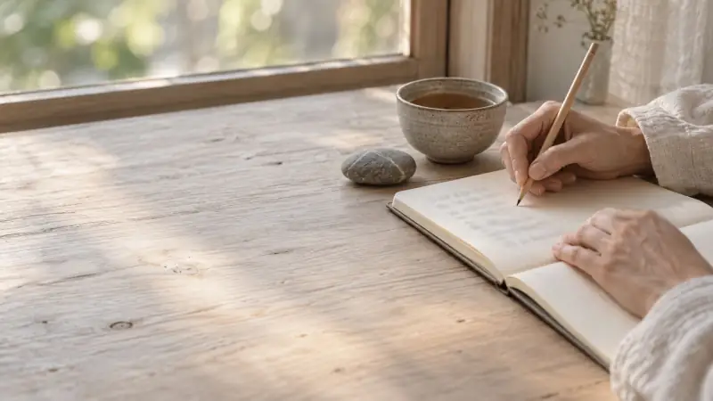 Hands writing in a plain notebook by a window, a cup of tea and a small stone beside it