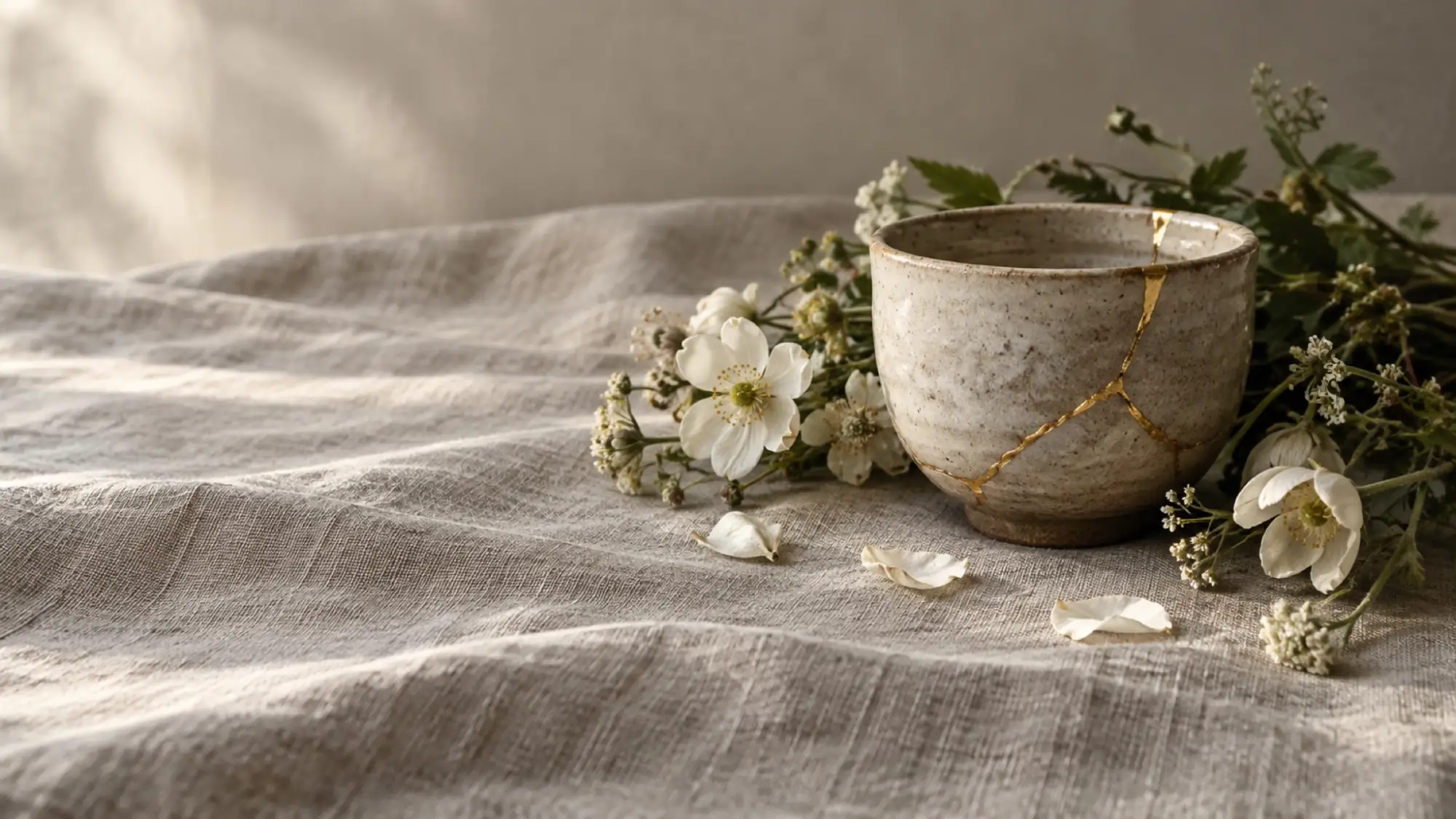 A handmade cup with a gold kintsugi seam beside loose white wildflowers on rough linen