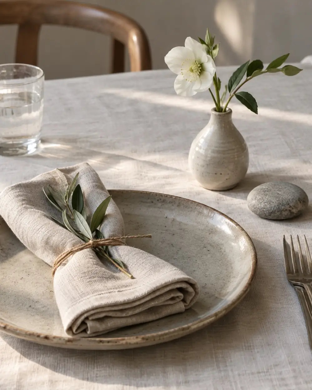 A linen napkin tied with twine on a handmade plate, a single white stem in a bud vase