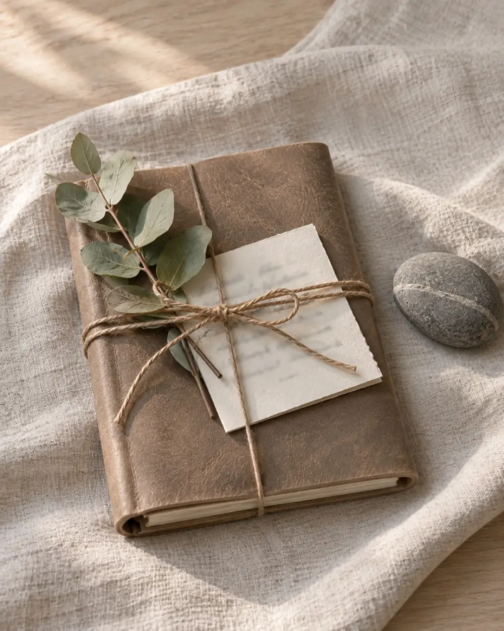 A leather journal tied with twine, a folded handwritten note and a sprig of eucalyptus on linen, a river stone beside it