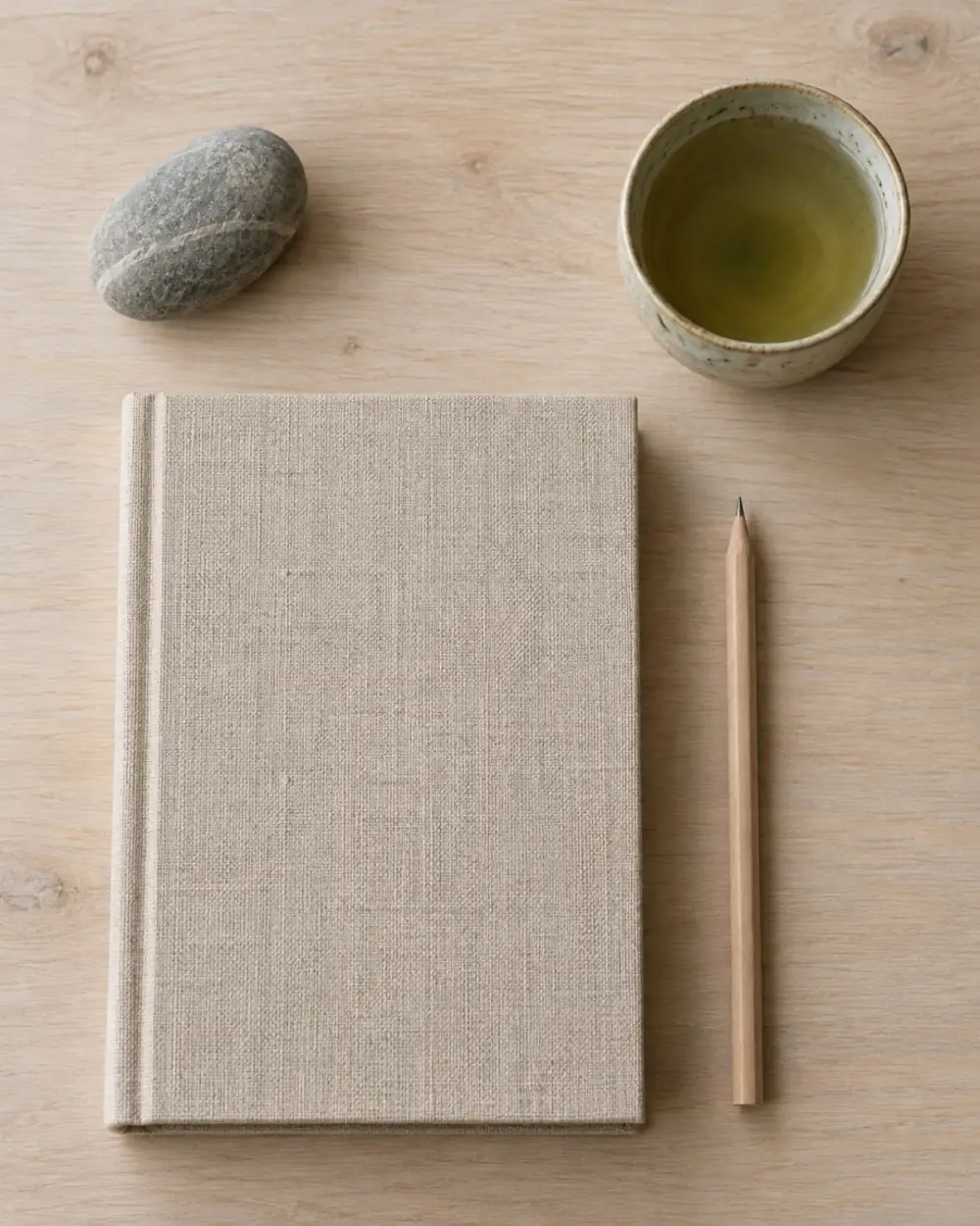 A linen notebook, pencil, cup of tea, and a river stone on a pale wooden desk
