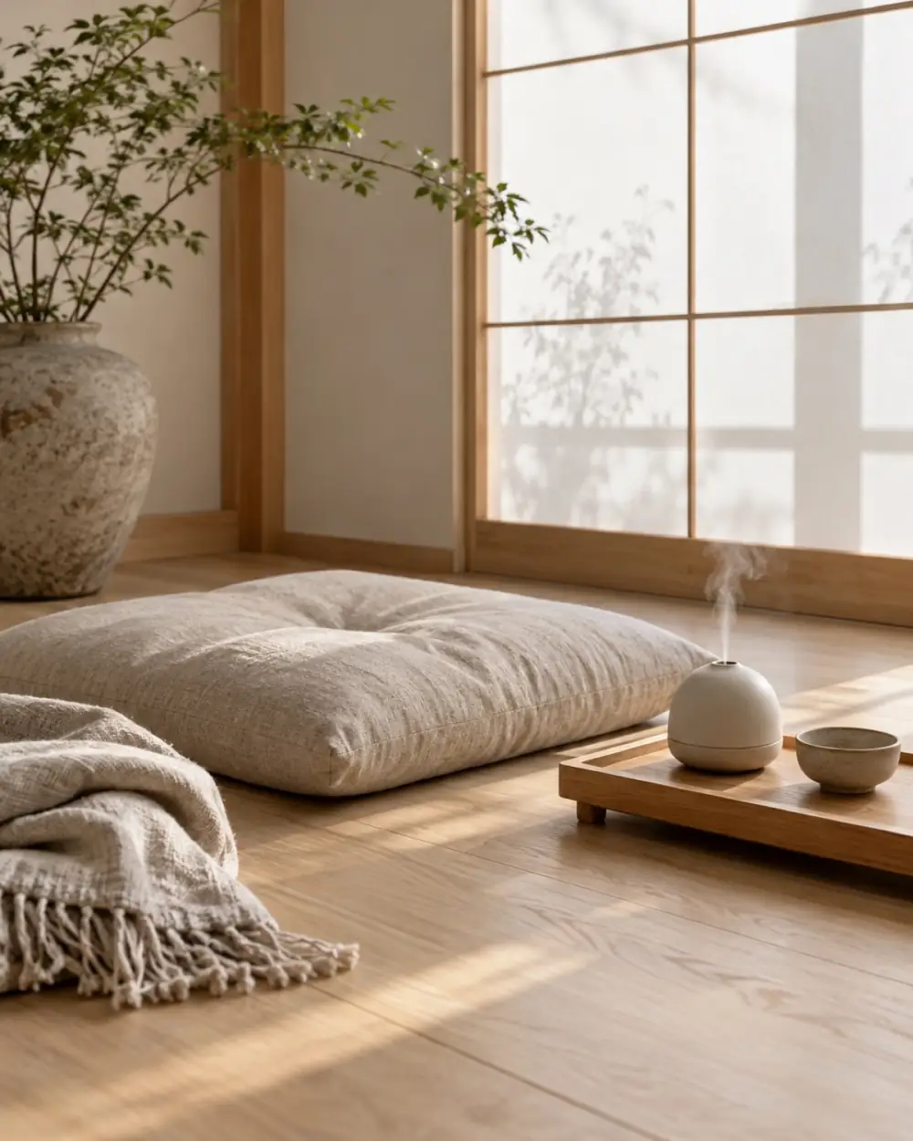 A floor cushion, linen throw, and small diffuser in a quiet corner by a paper window