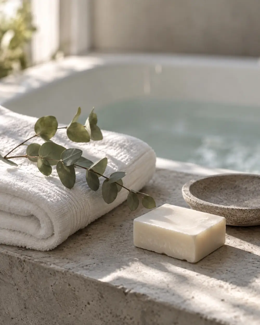 A folded white towel, soap, and a sprig of eucalyptus on a stone ledge by a bath